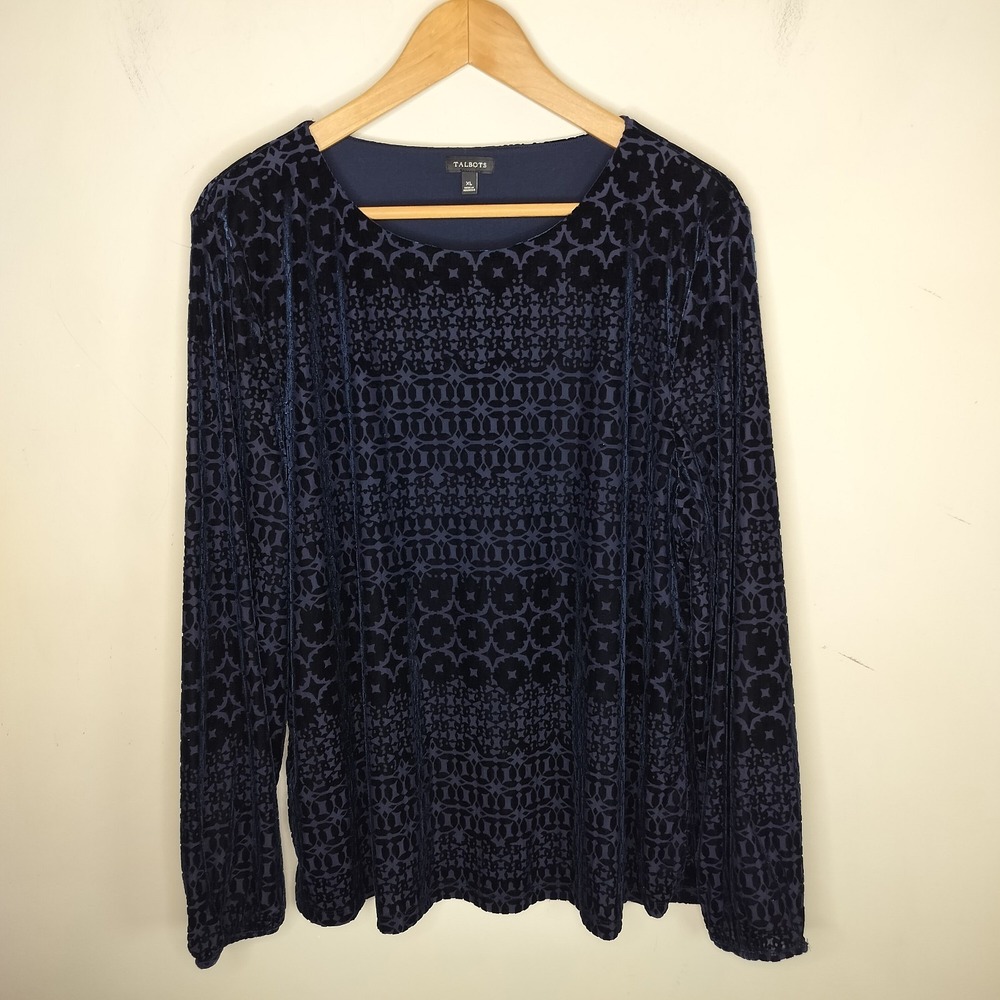 Talbots Velvet Top Geometric Midnight Blue Long Sleeve